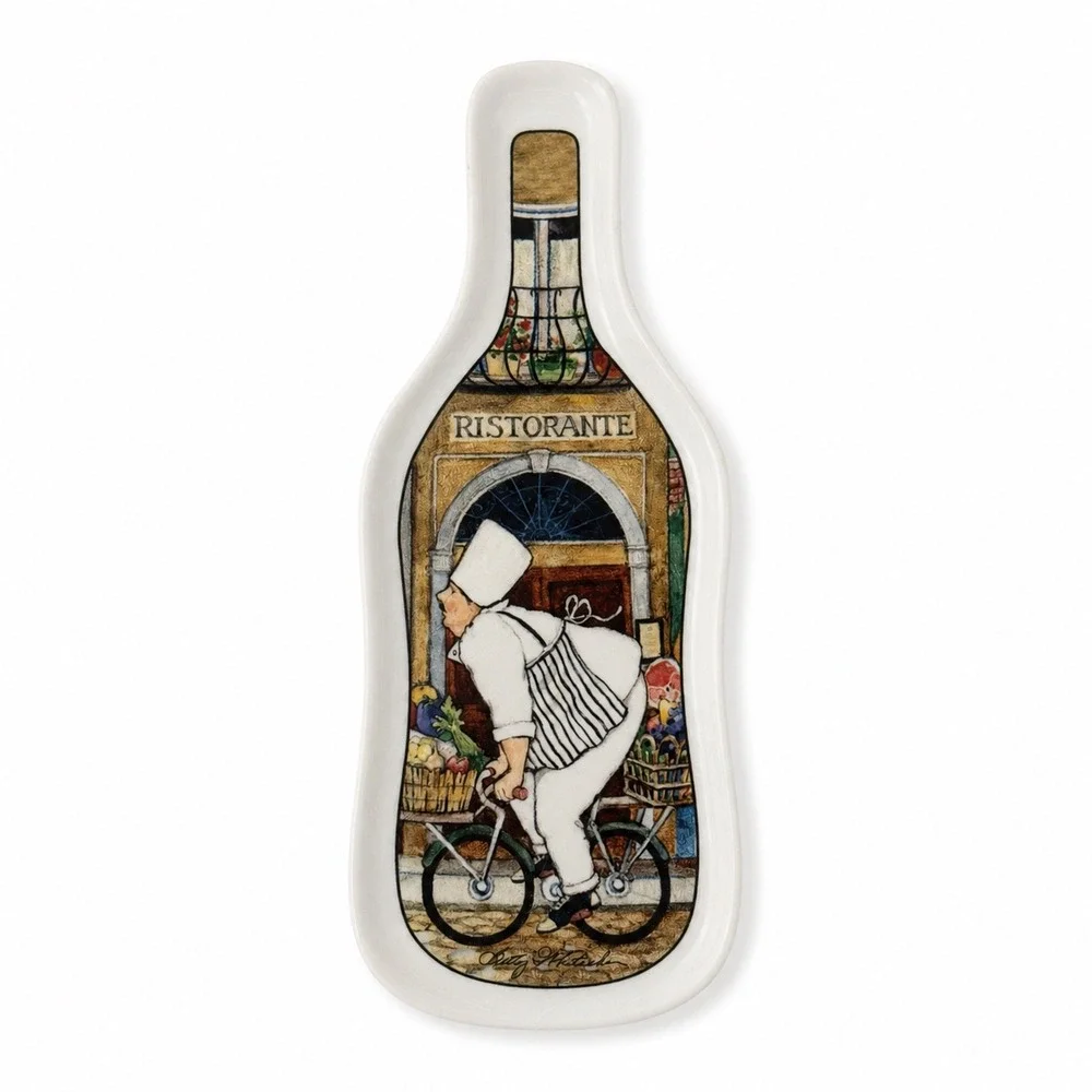 CounterArt Ceramic Wine Bottle Spoon Rest Italian Chef Ristorante Bicycle 9.5in